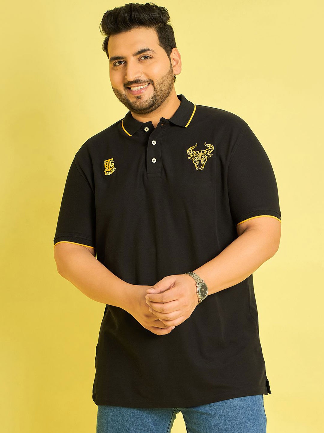 

bigbanana Men Polo Collar Bio Finish T-shirt, Black