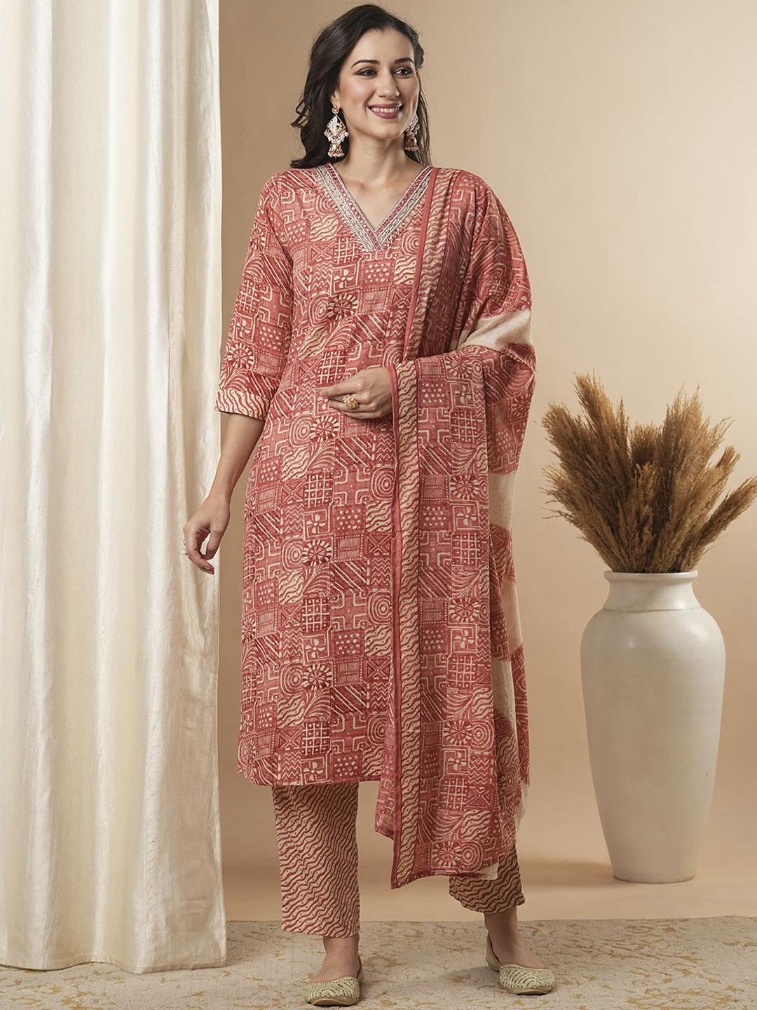 

FASHOR Women Ethnic Motifs Printed Regular Pure Cotton Kurta with Trousers & With Dupatta, Rust