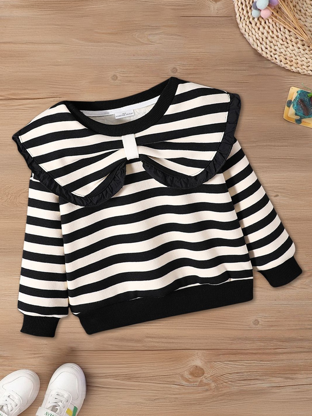 

FOREVER FRIDAY Girls Horizontal Stripes Peter Pan Collar Cotton Top, Black