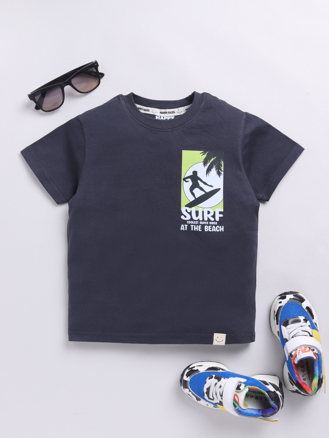 

Happy Faces Boys Pure Cotton Typography & Graphic Printed T-shirt, Charcoal
