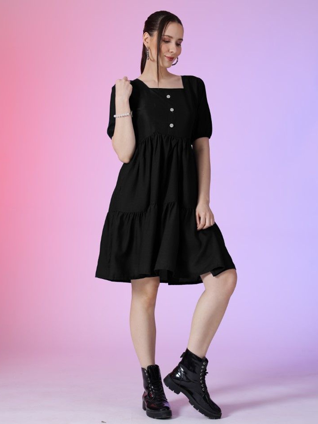 

Femvy Women Puff Sleeves Fit & Flare Dress, Black