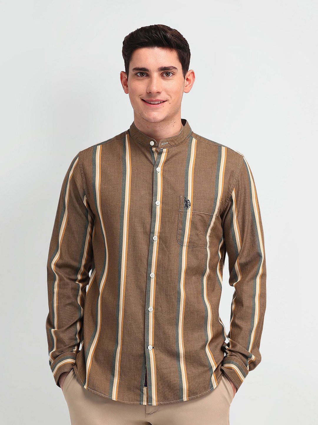 

U.S. Polo Assn. Denim Co. Men Band Collar Vertical Striped Cotton Slim Fit Casual Shirt, Brown