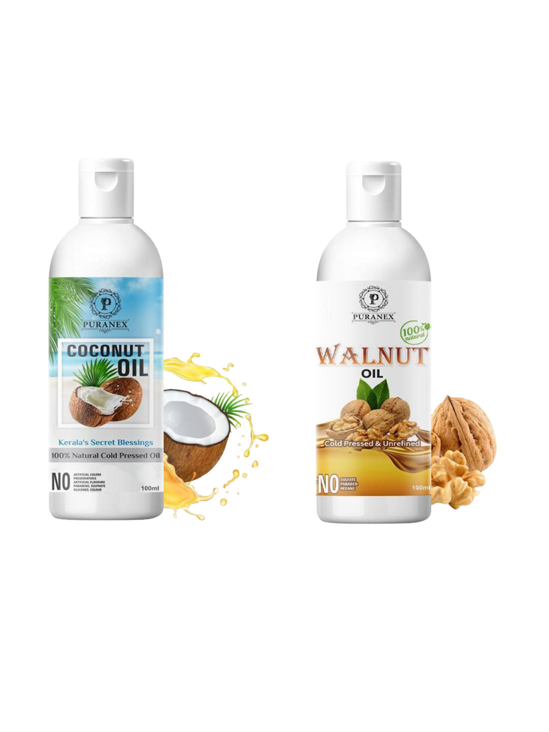

Puranex Set Of 2 100% Natural & Pure Coconut & Walnut Oil - 100 ml Each, Transparent