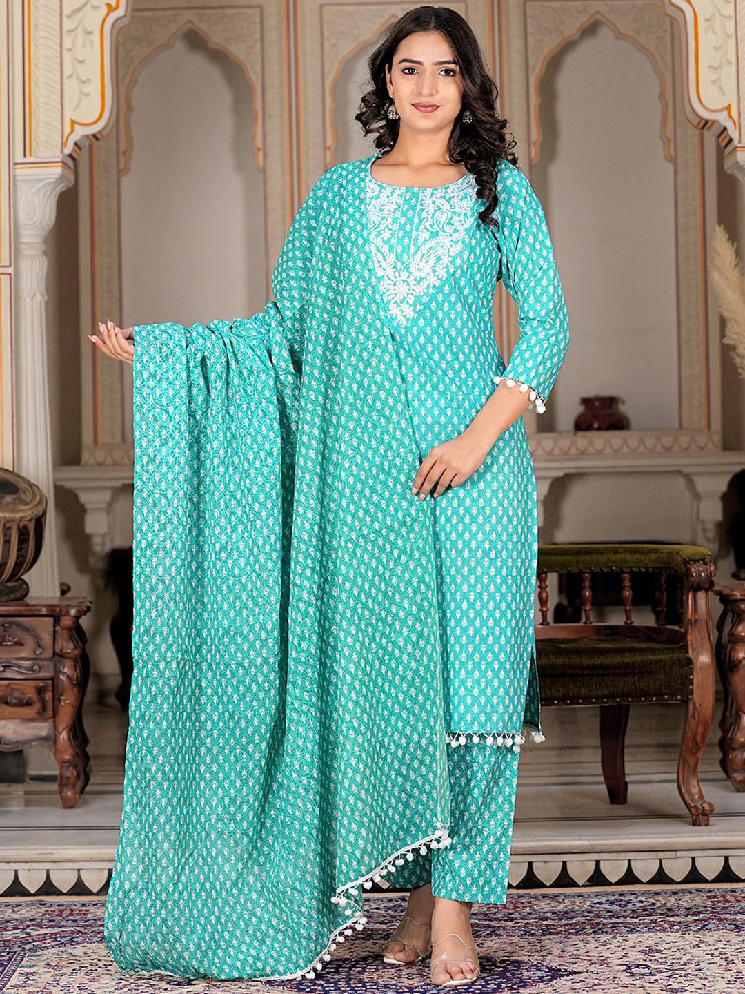 

ERISHA Women Floral Embroidered Regular Beads and Stones Pure Cotton Kurta with Trousers & With Dupatta, Blue