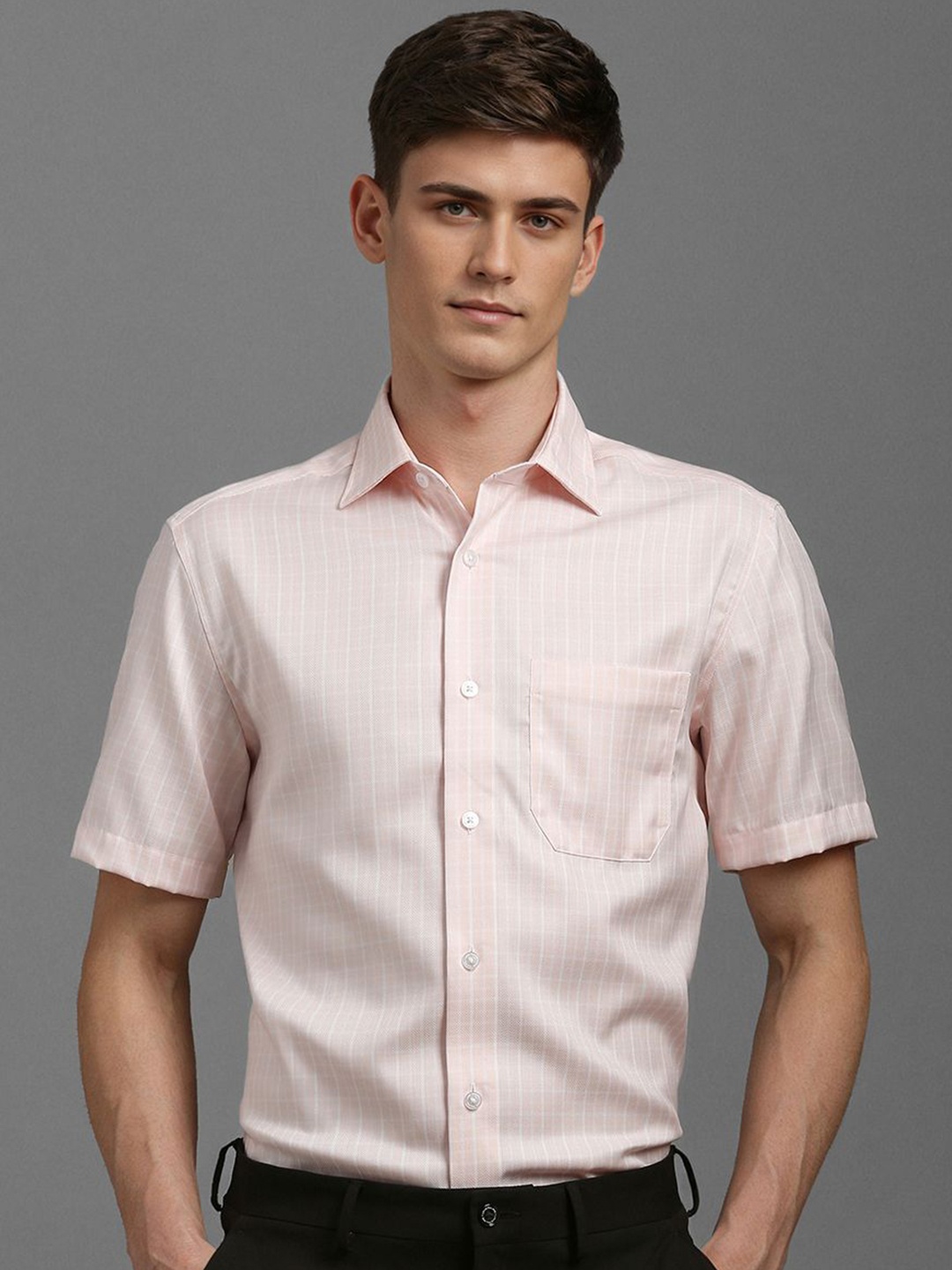 

Louis Philippe Men Classic Spread Collar Checked Cotton Formal Shirt, Pink