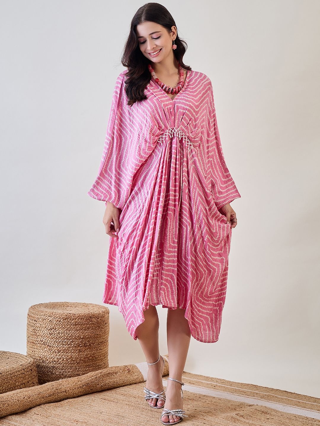

The Kaftan Company Women Silk Ethnic Motifs Printed Kimono Sleeve Kaftan Midi Dress, Pink
