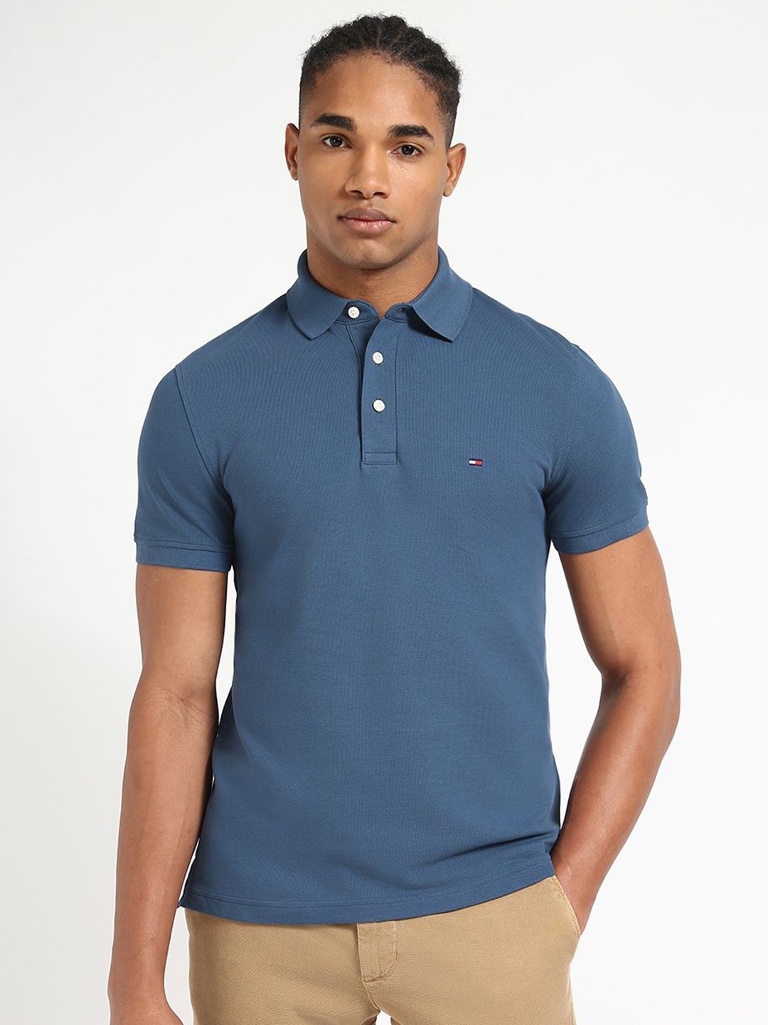 

Tommy Hilfiger Men Solid Polo Collar Cotton Slim Fit T-shirt, Blue