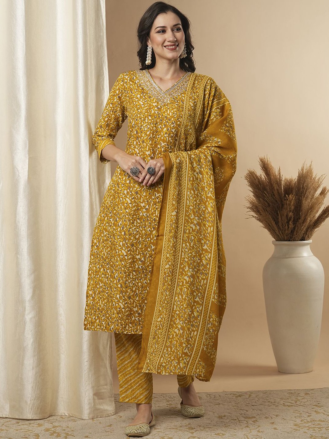

FASHOR Women Printed Regular Sequinned Pure Cotton Kurta with Trousers & With Dupatta, Mustard