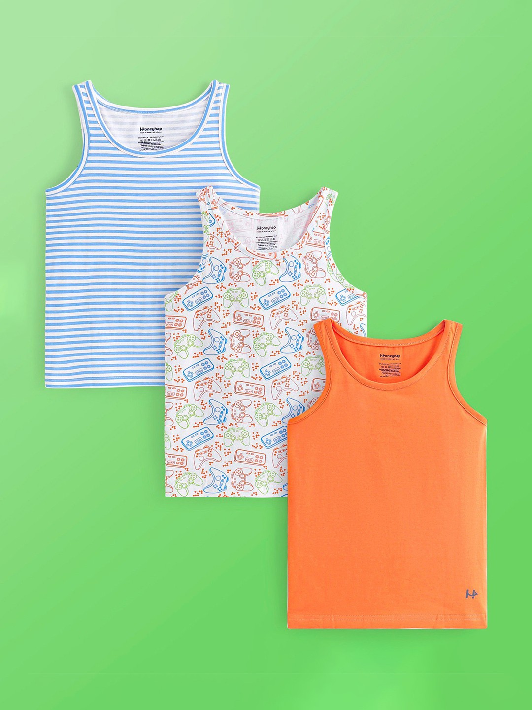 

Honeyhap Boys Pack Of 3 Printed Tank Vests, Orange
