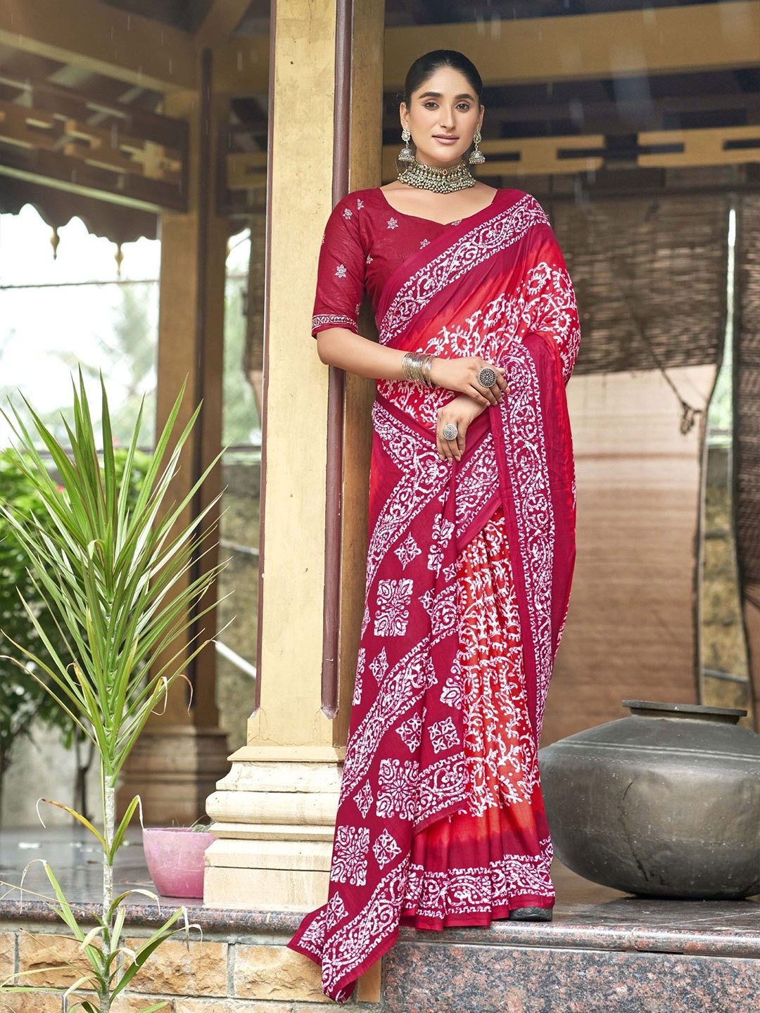 

Chandbaali Ajrak Block Printed Pure Cotton Traditional Bagru Saree, Red