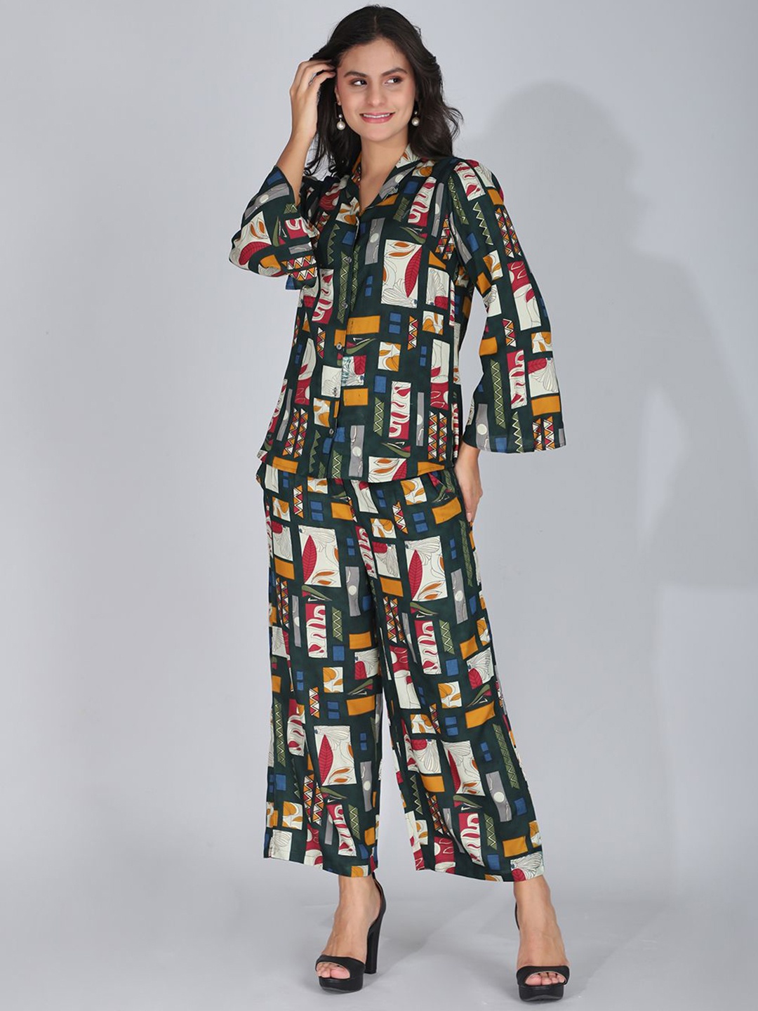 

FIMS Women Abstract Print Shirt and Palazzo Co-ords, Green