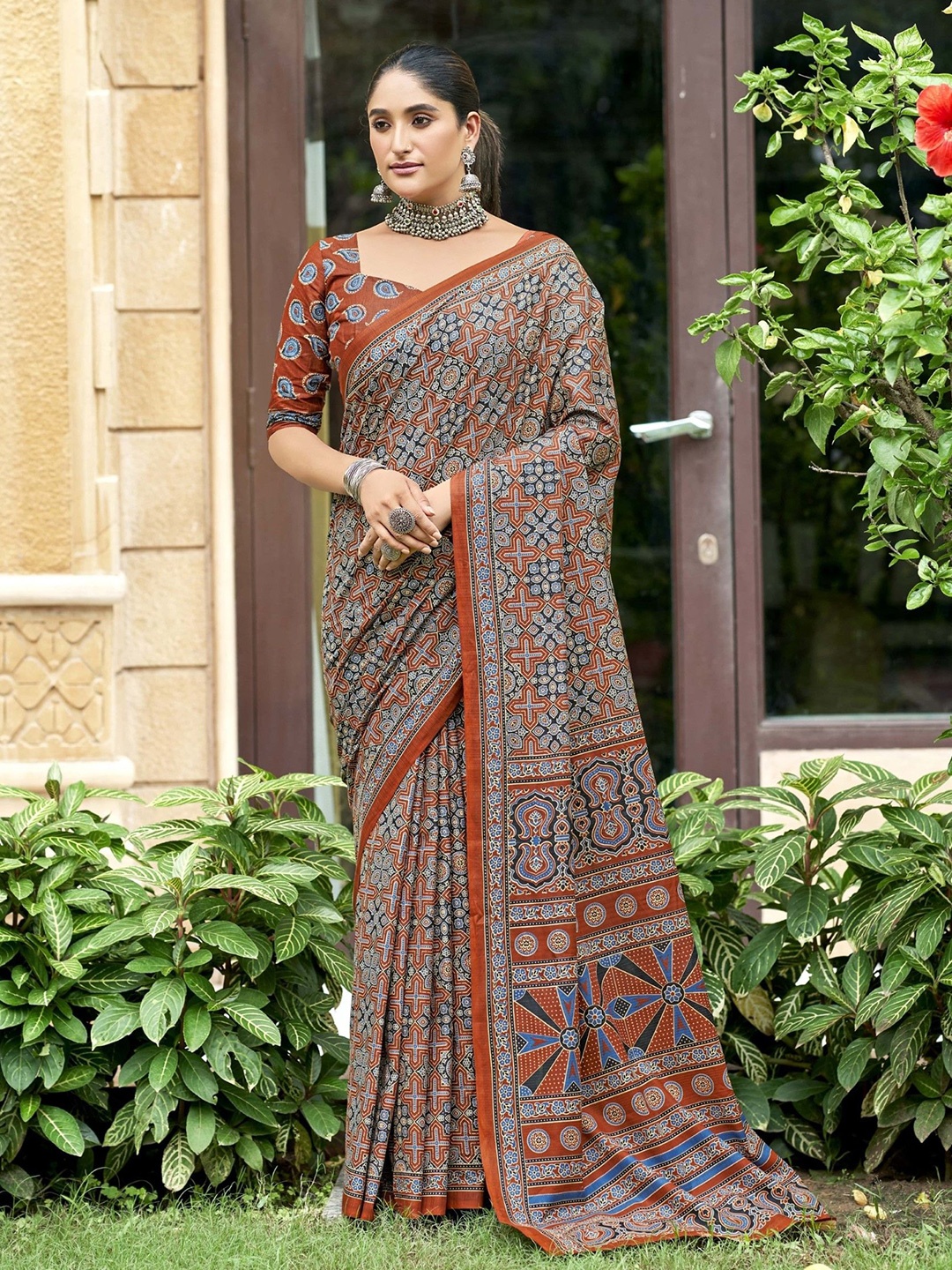 

Chandbaali Ajrak Block Pure Cotton Bagru Saree, Rust