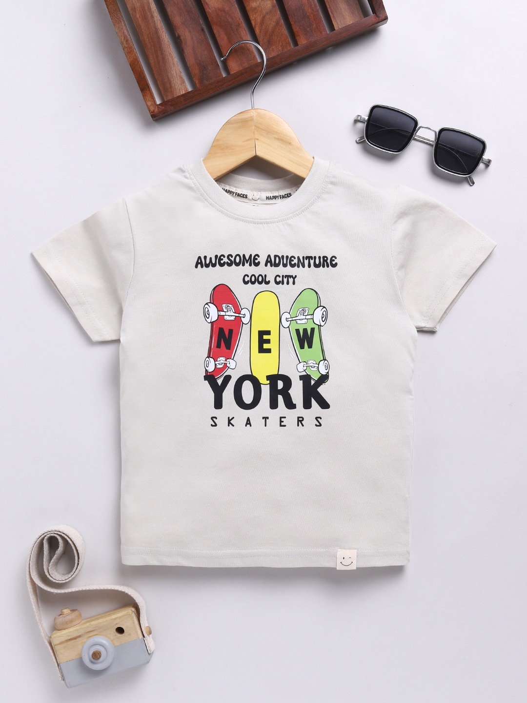 

Happy Faces Boys Pure Cotton Typography & Graphic Printed T-shirt, Beige