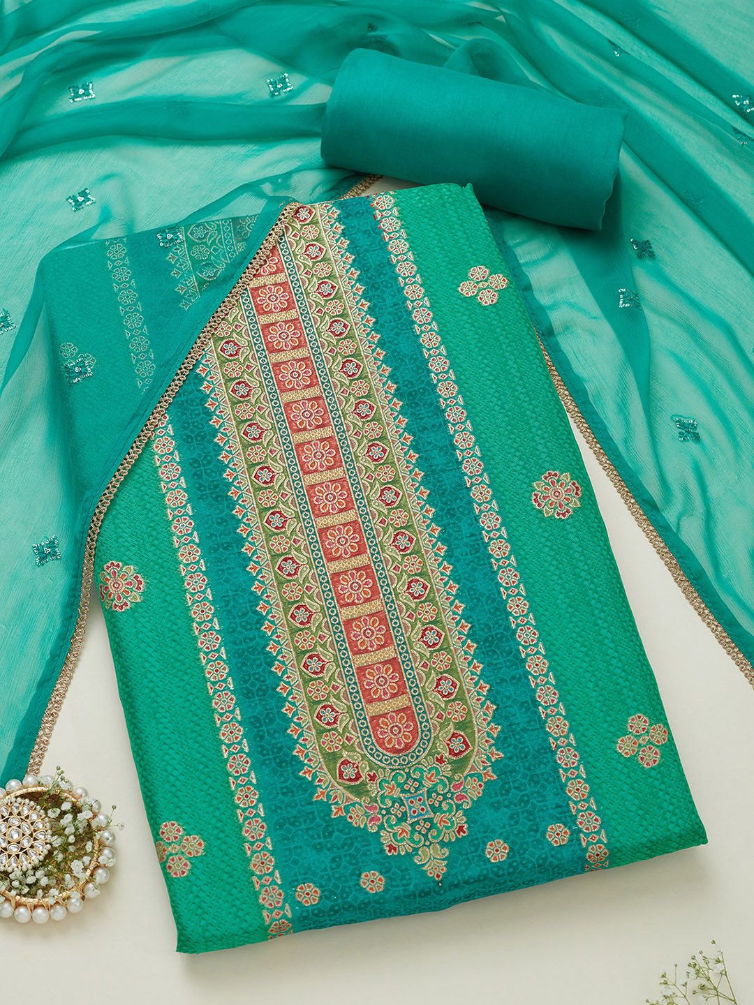 

Soch Organza Unstitched Dress Material, Teal