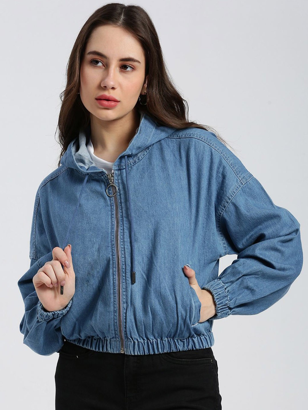 

Grit and Flair Women Cotton Crop Denim Jacket, Blue