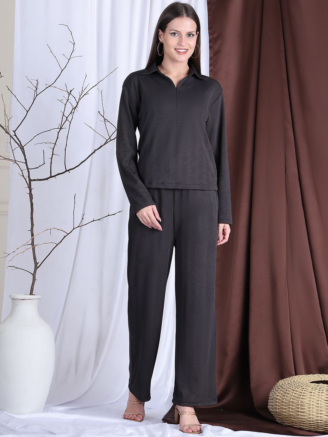 

NEUDIS Self Design Shirt Collar Long Sleeves Top & Trouser, Black