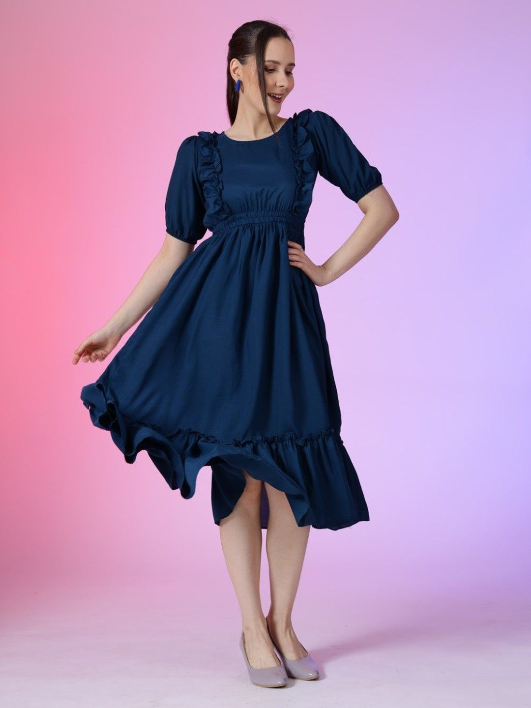 

Krunal Raiyani Women Puff Sleeves Fit & Flare Ruffles Midi Dress, Blue