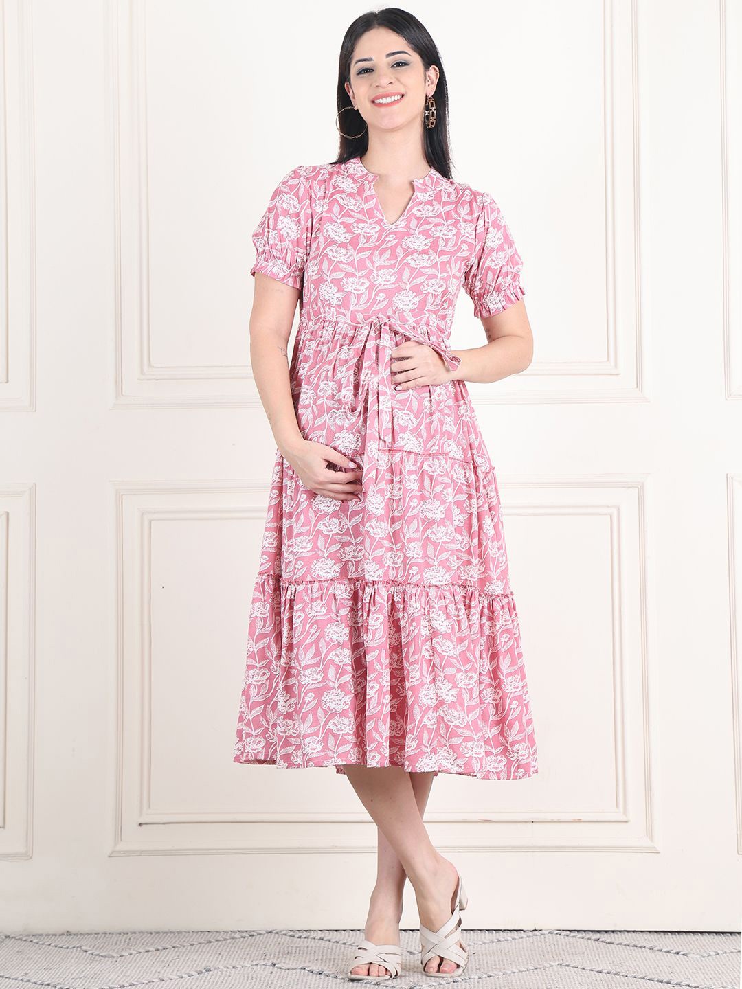 

Moms Maternity Cotton Floral Printed Puff Sleeves Fit & Flare Midi Dress, Pink