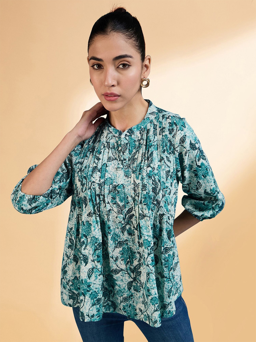 

Winza Designer Women Floral Printed Mandarin Collar Cotton Top, Teal