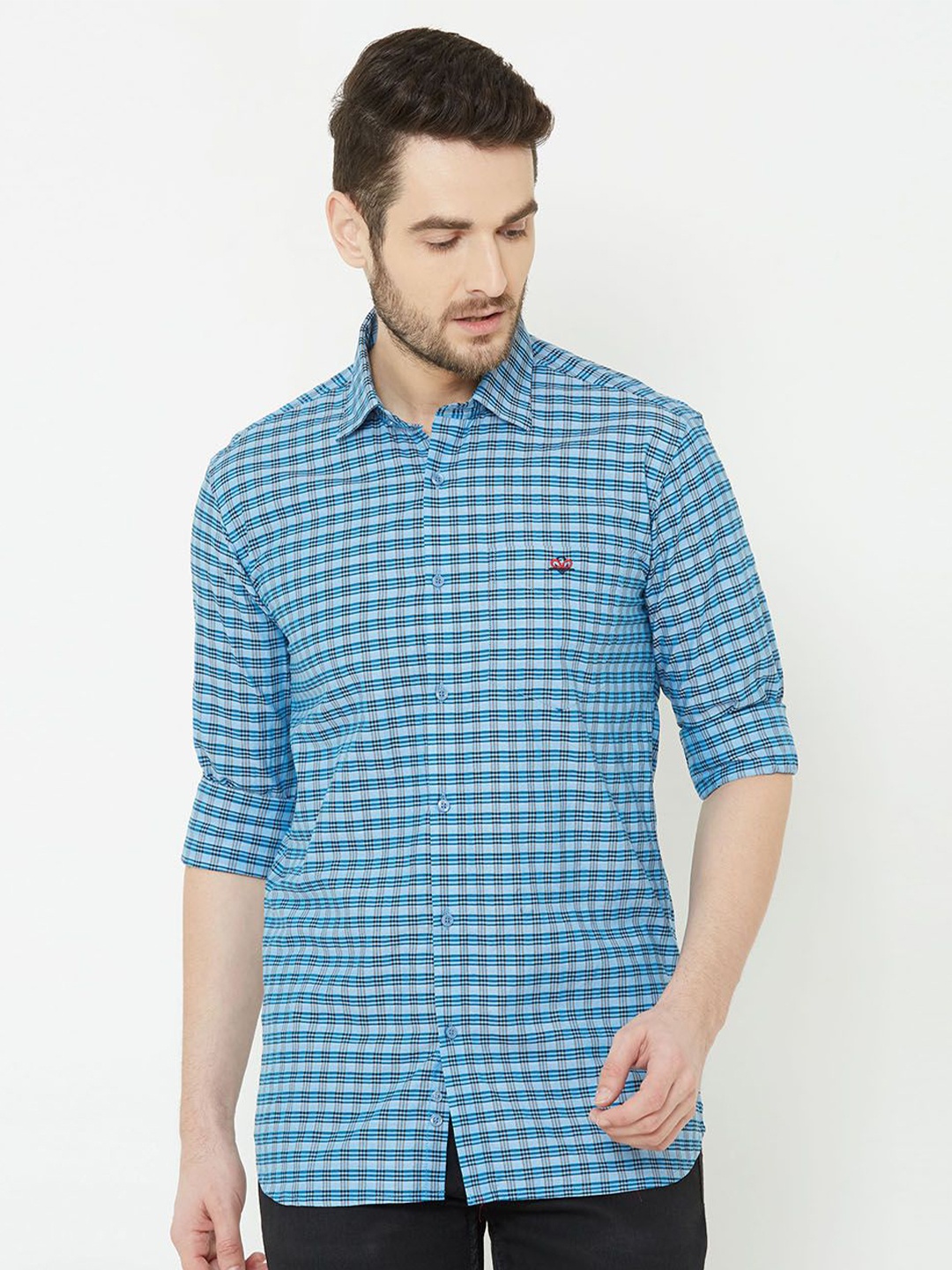 

Khatuji706 Men Comfort Spread Collar Checked Cotton Casual Shirt, Blue