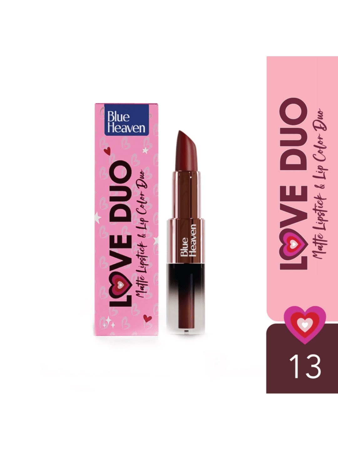 

Blue Heaven Love Duo 2-in-1 Dual Sided Matte Lipstick & Lip Colour 1.5ml + 4g - Shade 13, Brown