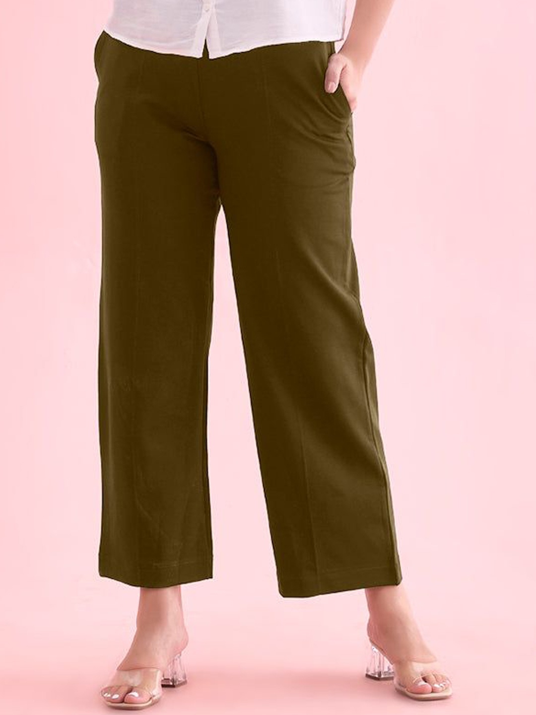 

Go Colors Women Loose Fit High-Rise Trousers, Olive