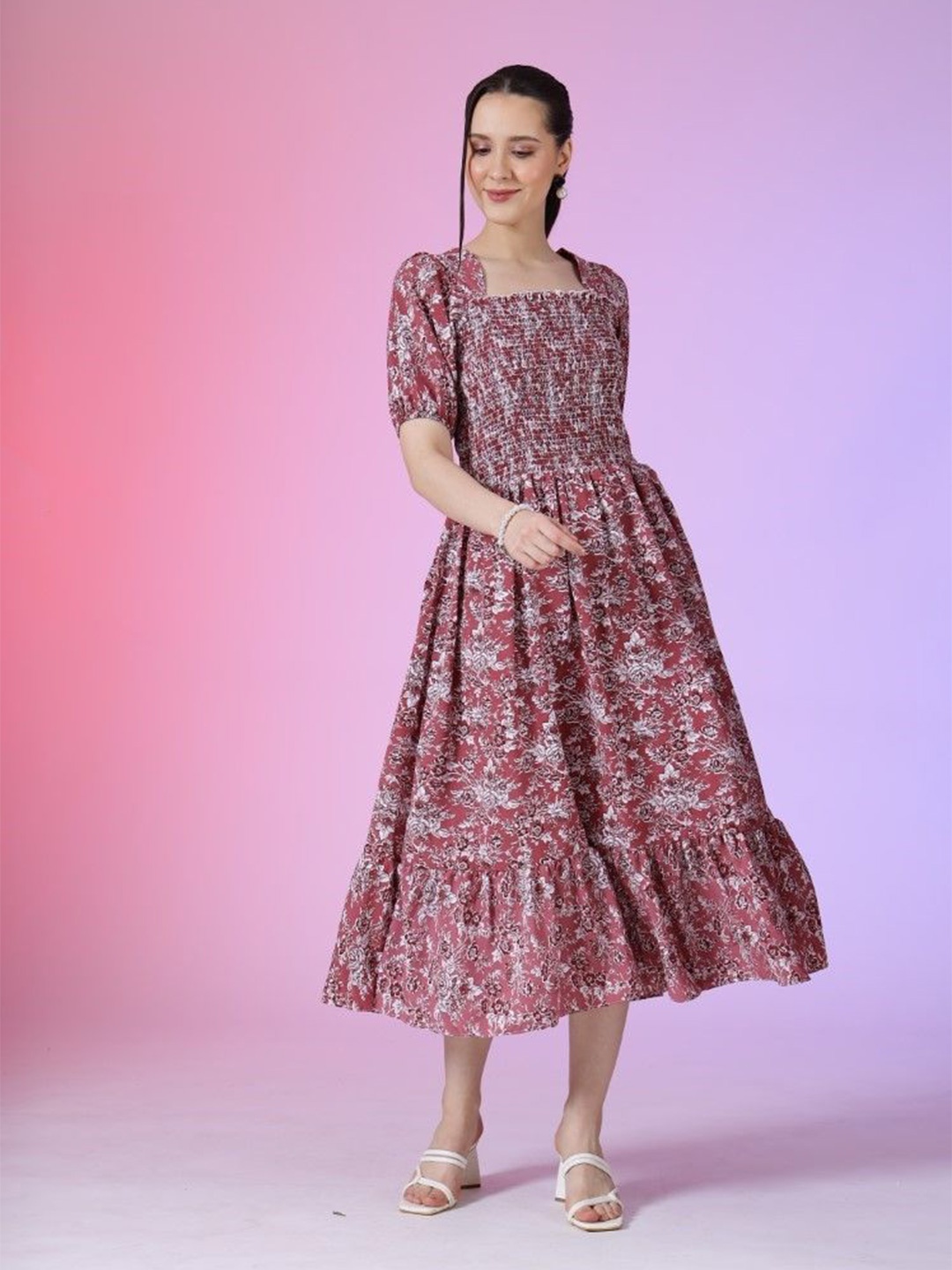 

Femvy Women Floral Printed Smocked Square Neck Fit & Flare Puff Sleeves Dress, Pink