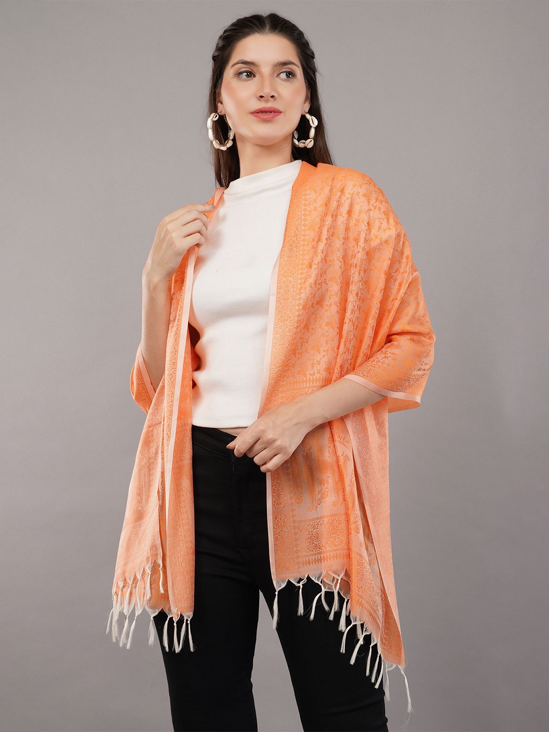 

CrossKulture Unisex Printed Scarf has Tasselled Border, Orange