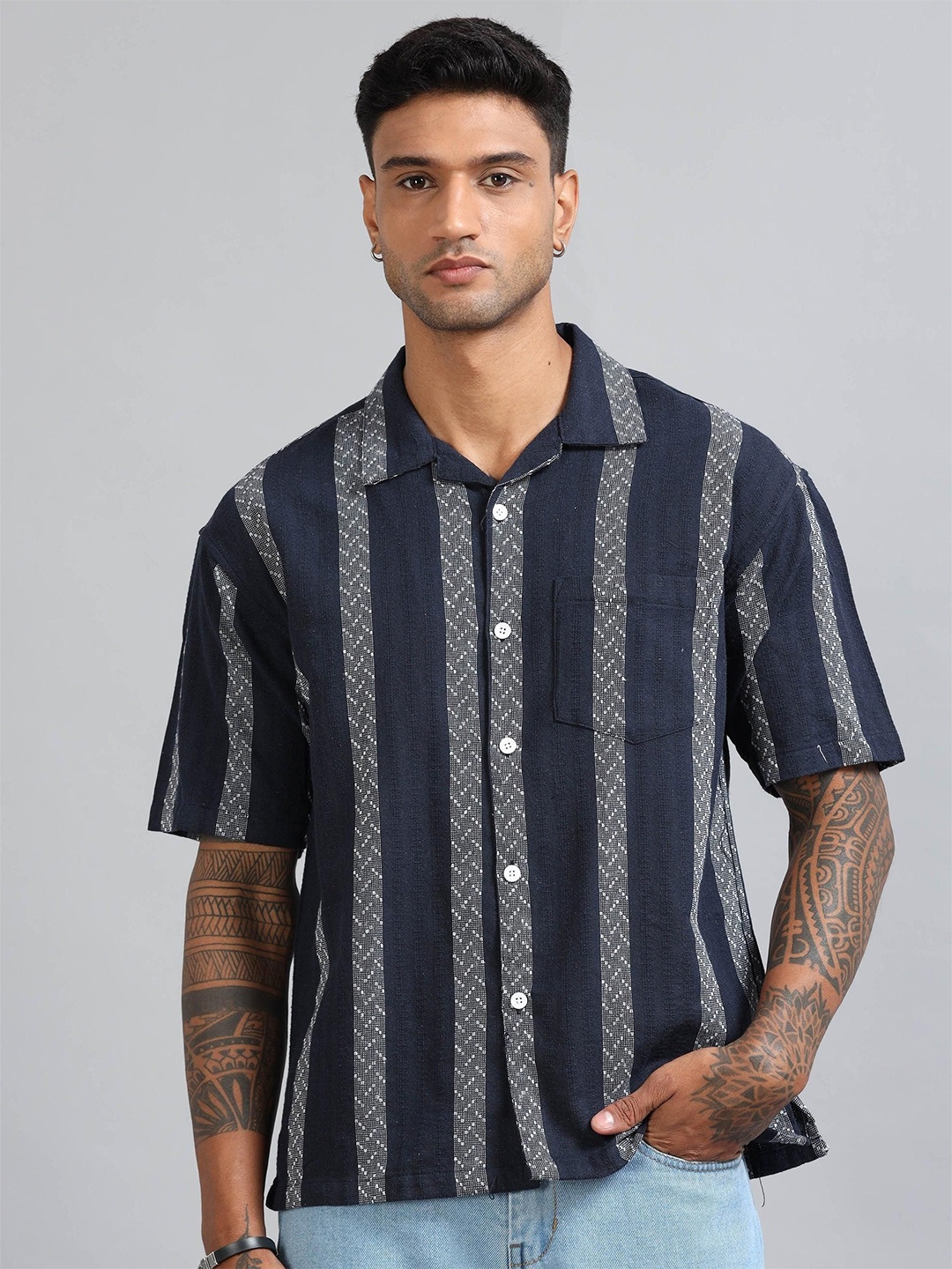

HOUSE OF MAHNOTS Men Classic Opaque Printed Casual Shirt, Navy blue