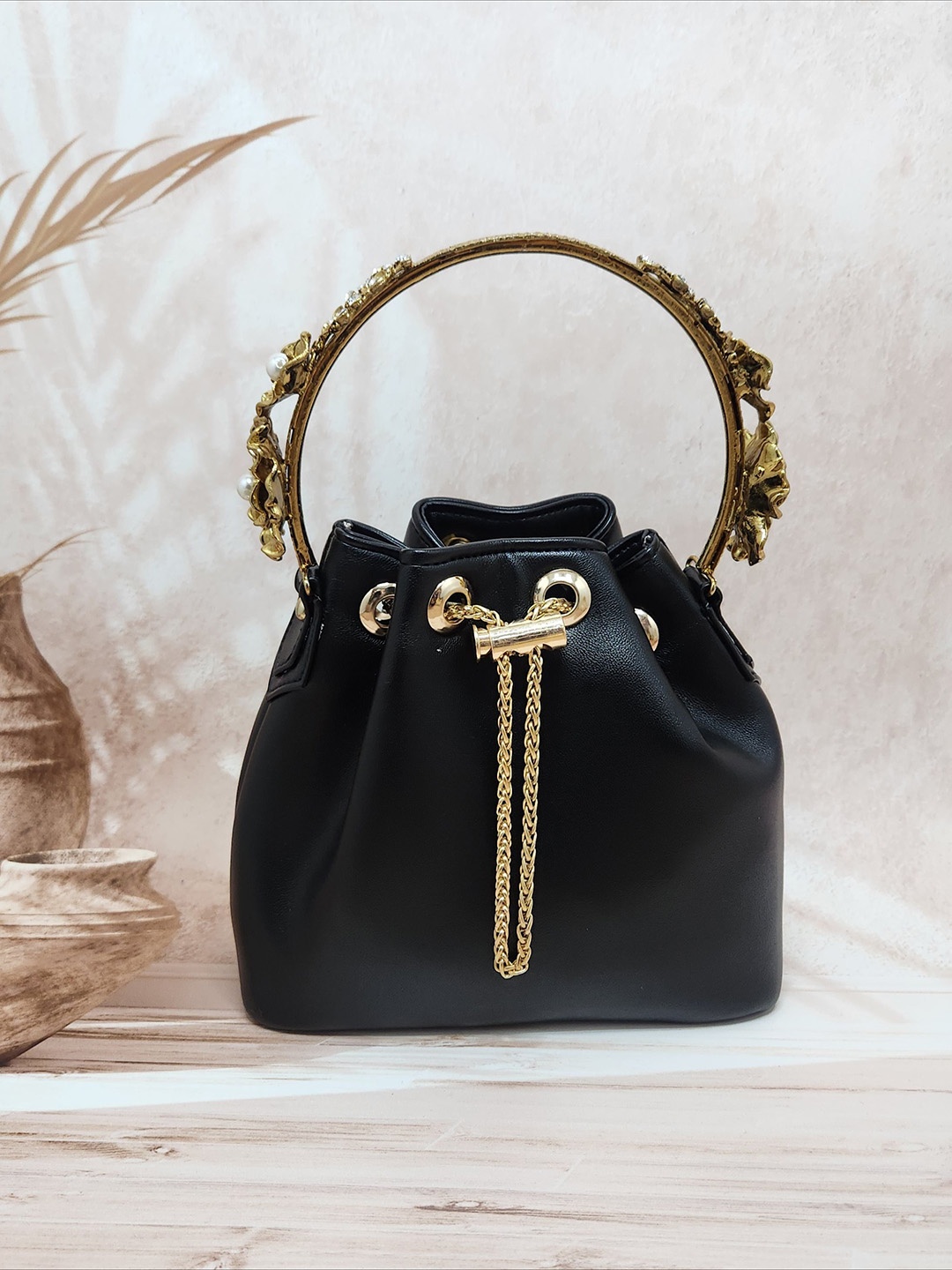 

Adwita Bucket Handheld Bag with Tasselled, Black