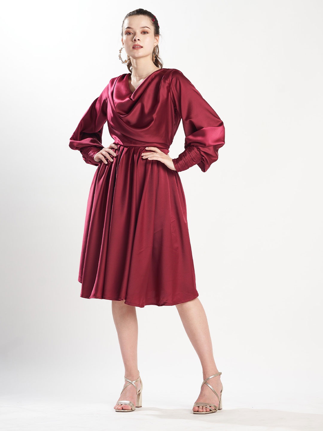 

ZILAIRE Women Bishop Sleeves Satin Fit & Flare Dress, Maroon