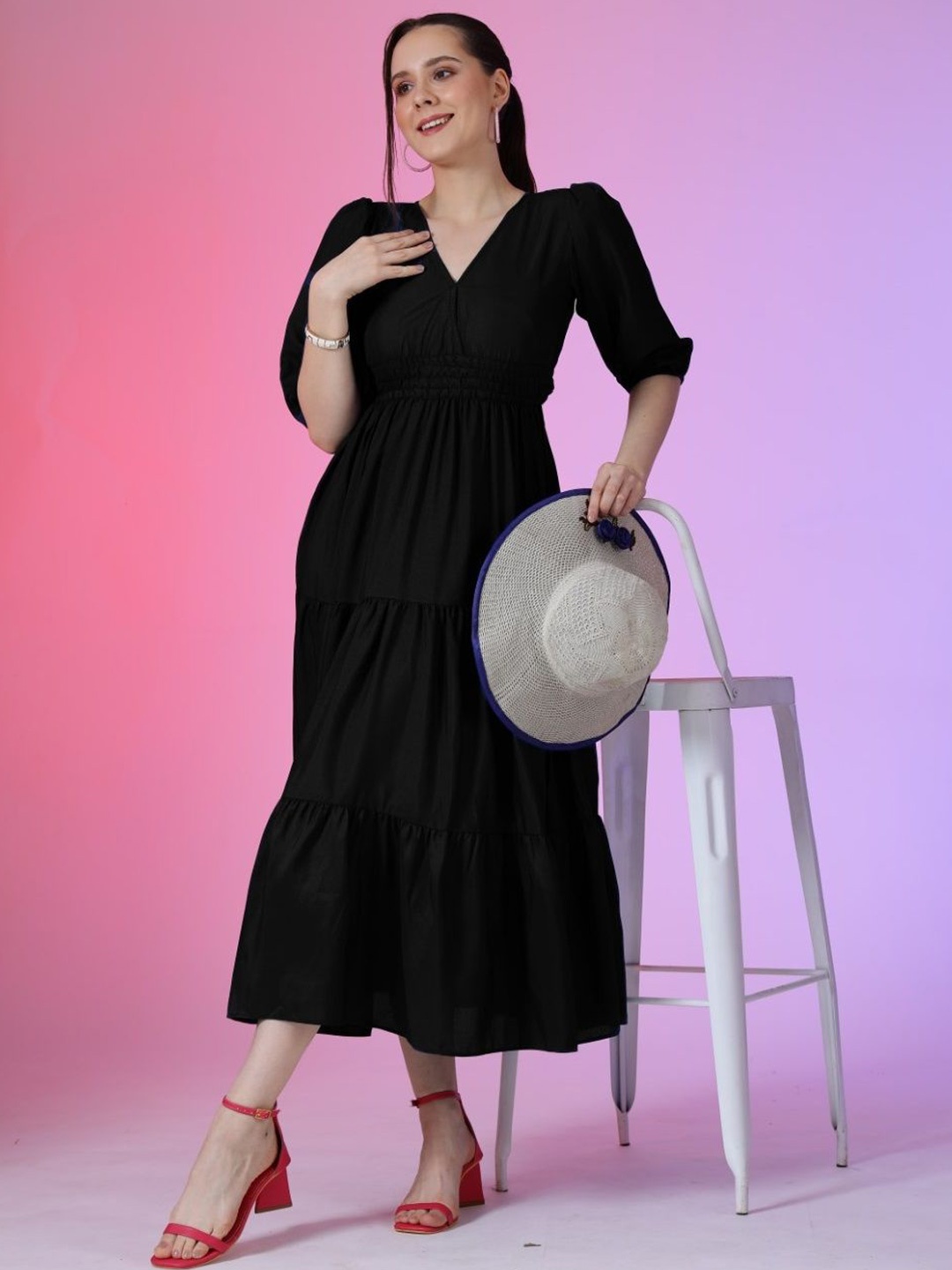 

Raiyani Enterprise Women V - Neck Crepe Fit & Flare Dress, Black