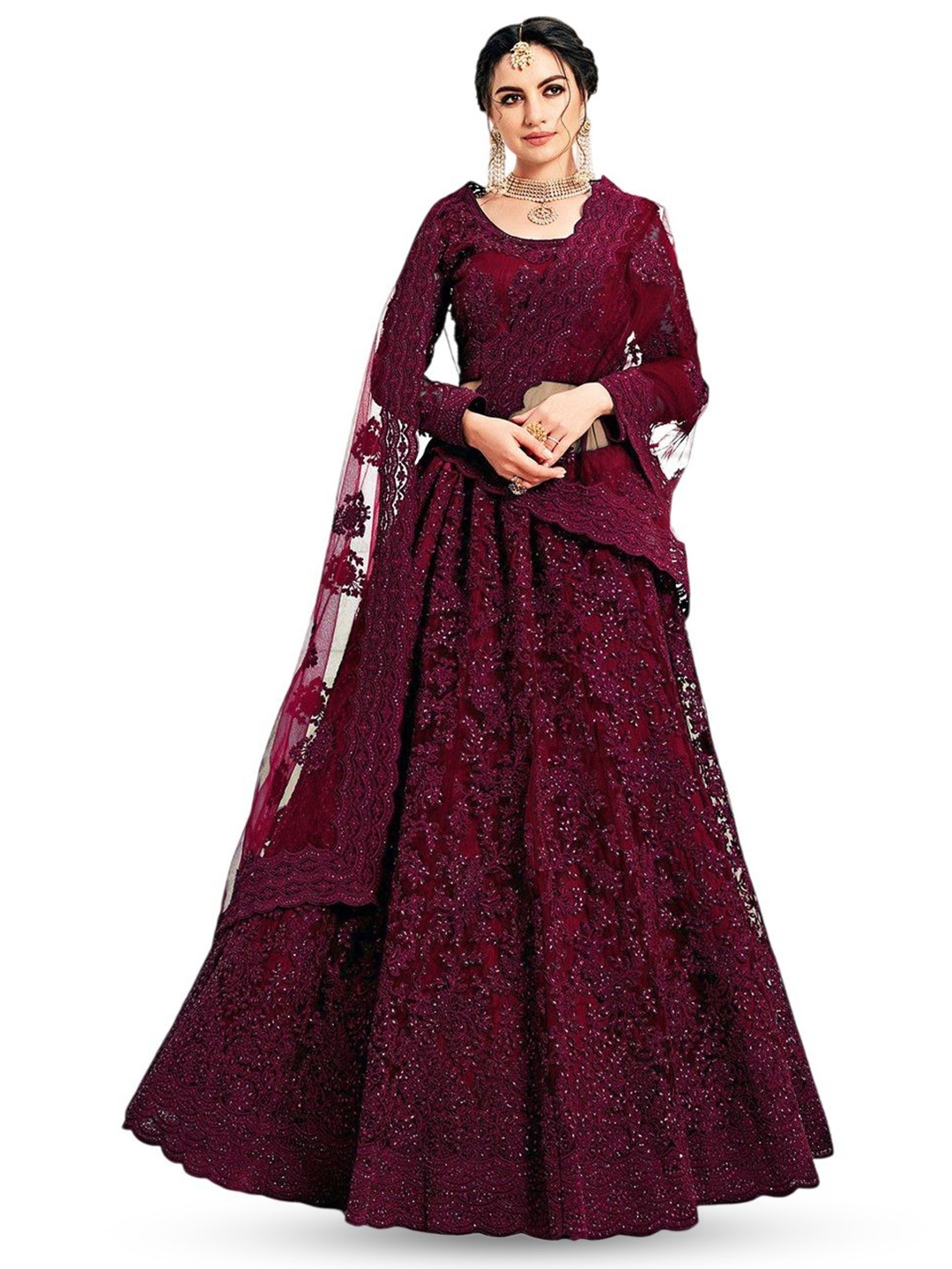 

APNISHA Embroidered Beads and Stones Semi-Stitched Lehenga & Unstitched Blouse With Dupatta, Maroon