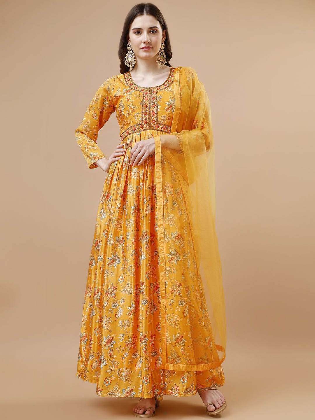 

VANAKARA Women Floral Printed Round Neck Ethnic Dress, Orange