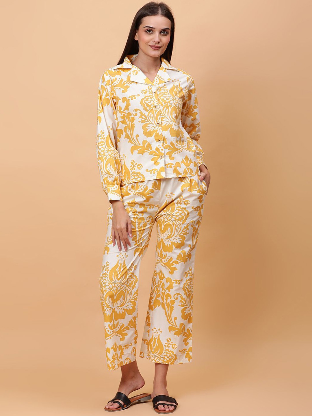 

Unifringe Women Floral Printed Shirt & Pyjama Night suit, Yellow