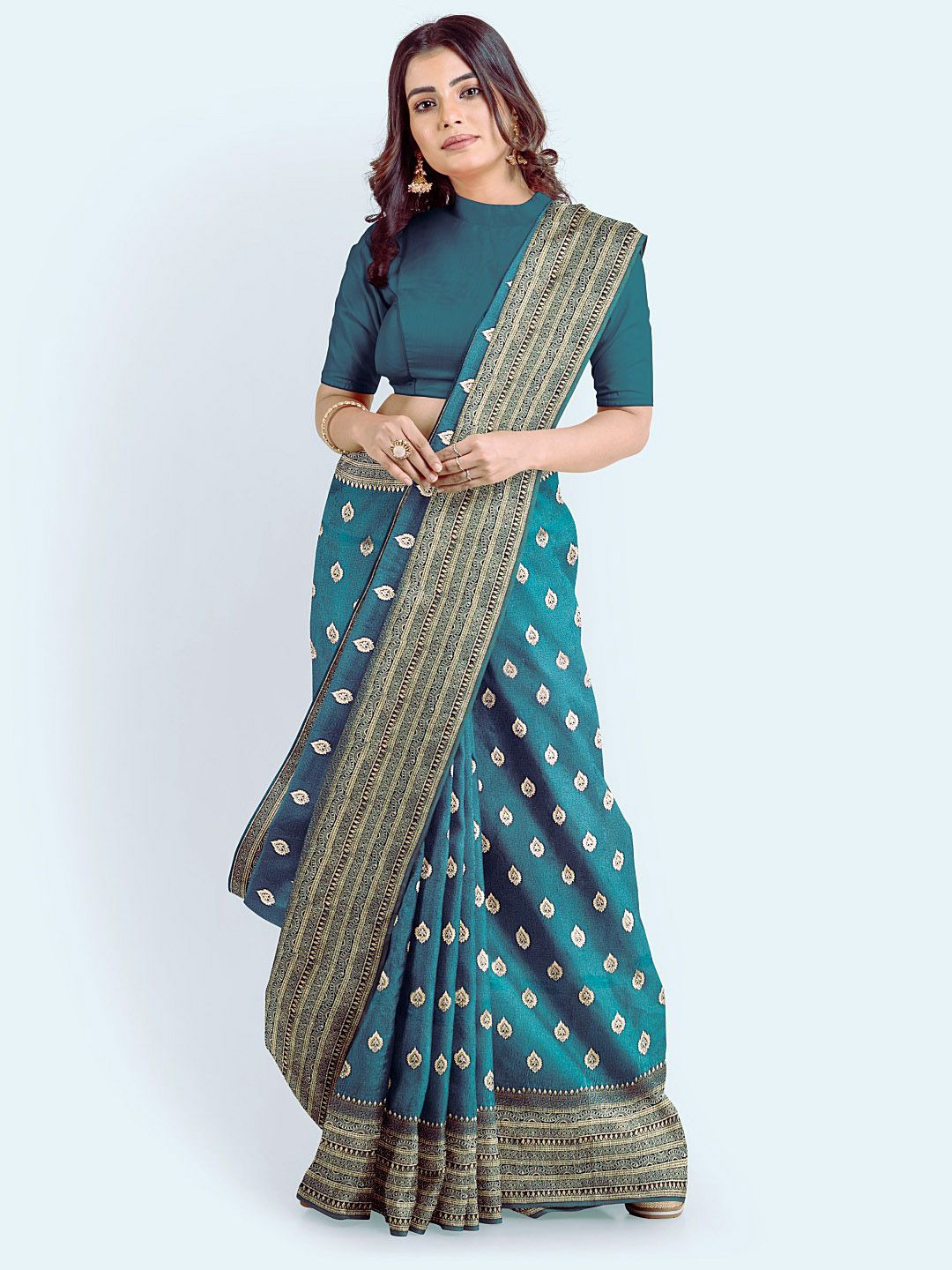 

Meena Bazaar Woven Design Zari Saree With Blouse Piece, Teal