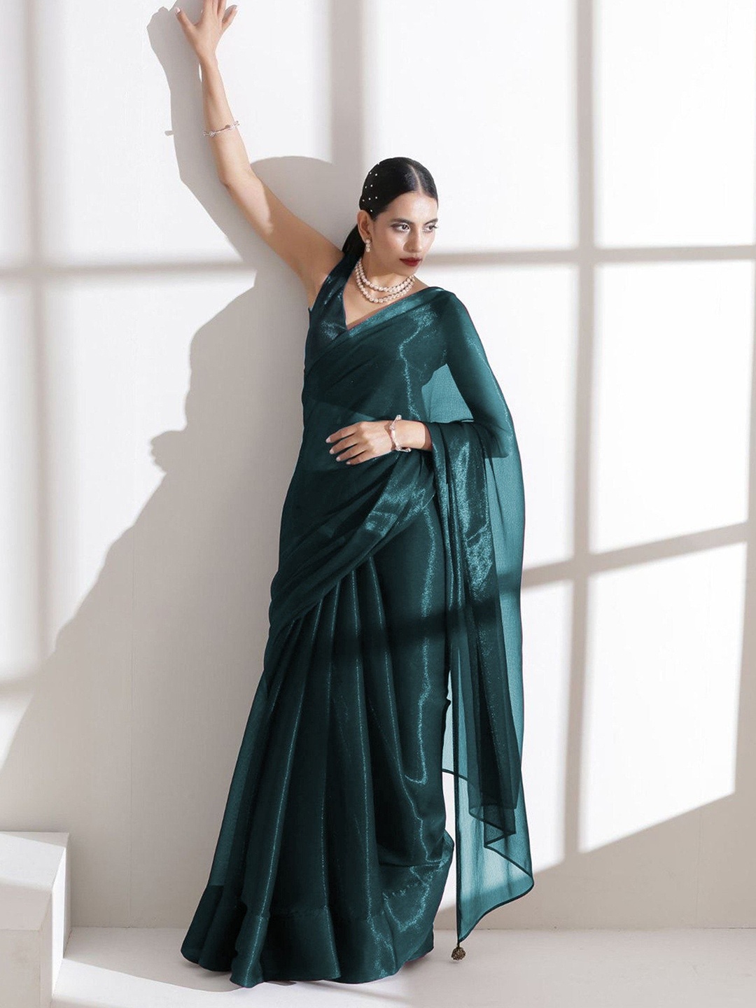 

SWADESI STUFF Solid Pure Chiffon Saree, Teal