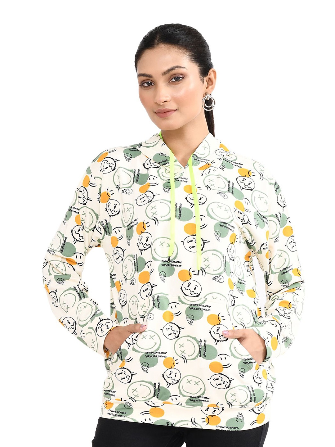 

RAPL Women Printed Hooded Pullover Cotton Sweatshirt, White