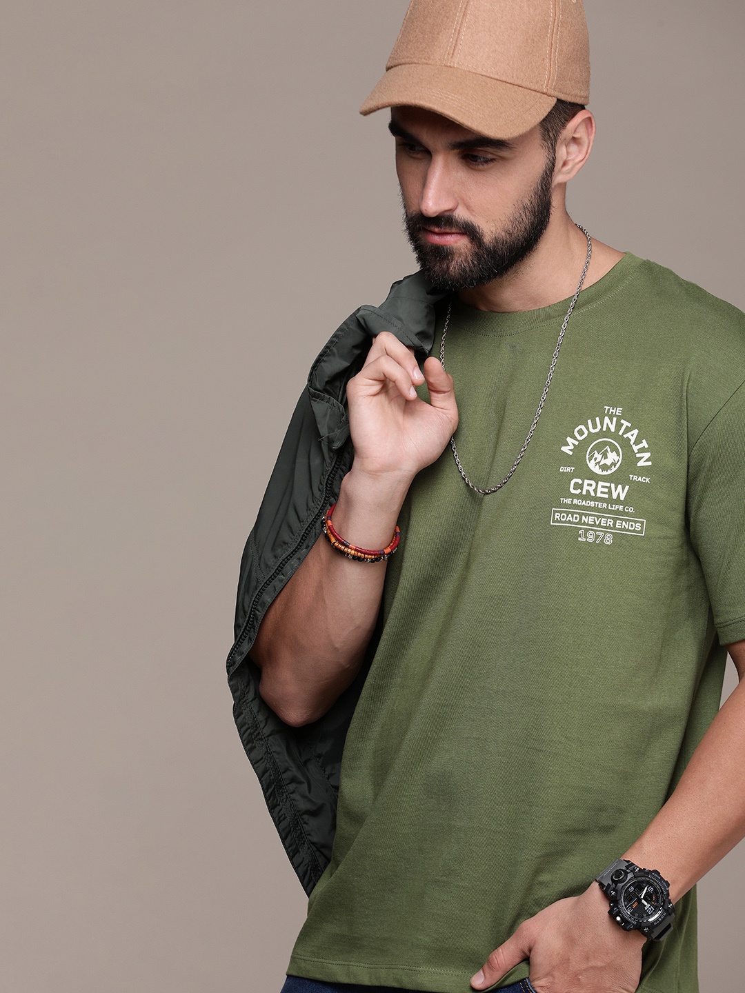 

The Roadster Lifestyle Co. Men Brand Logo Printed Pure Cotton T-shirt, Olive