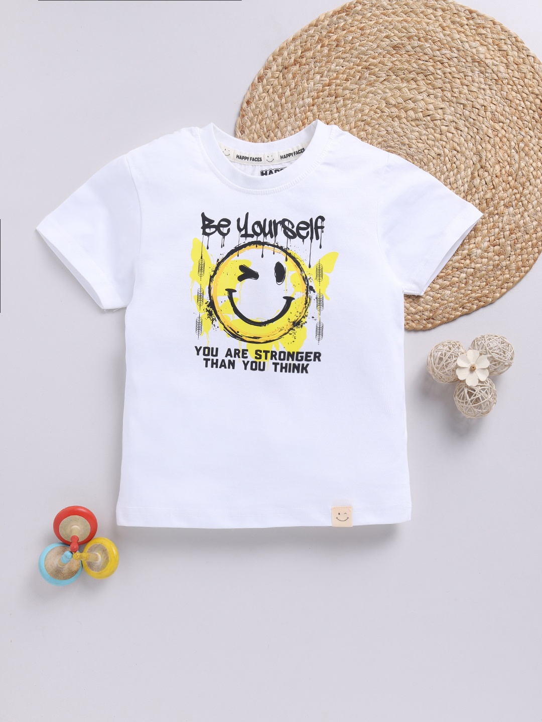 

Happy Faces Boys Pure Cotton Typography & Graphic Printed T-shirt, White