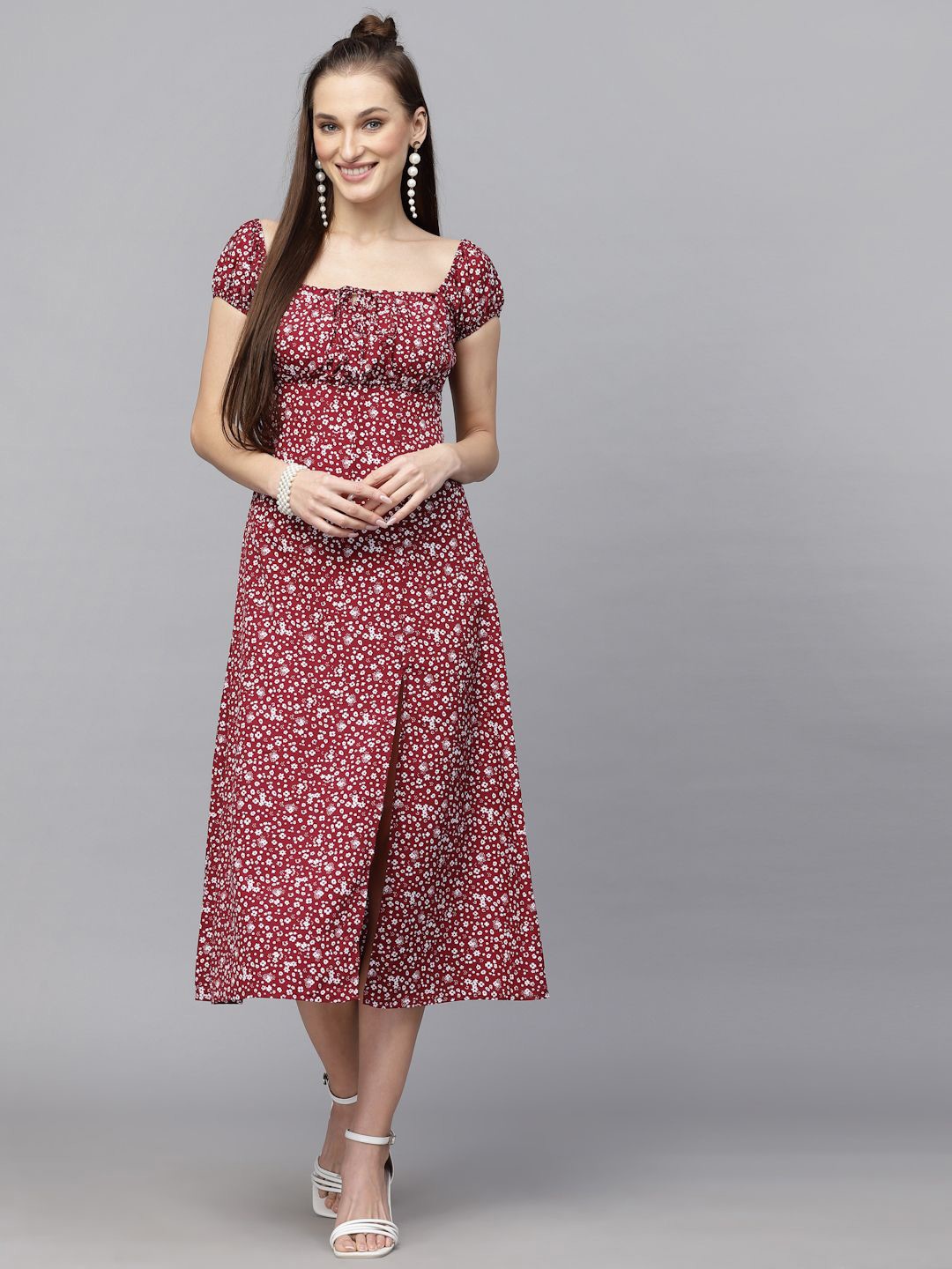 

BAESD Women Floral Printed Puff Sleeves A-Line Midi Dress, Maroon