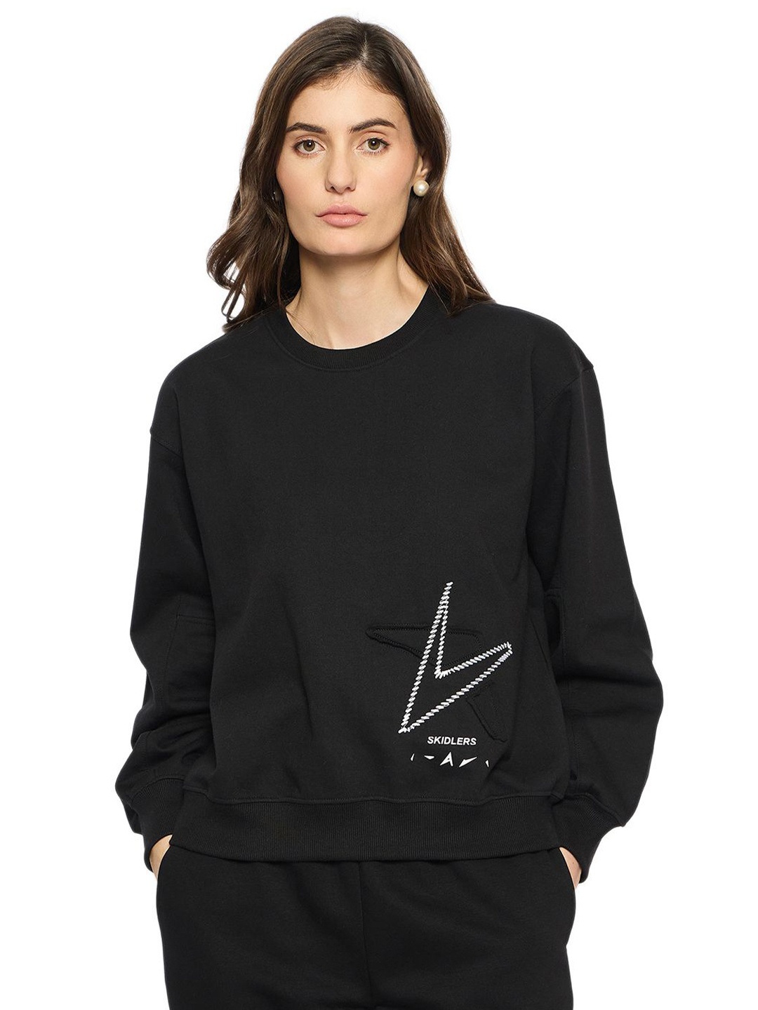 

Skidlers Women Cotton Round Neck Long Sleeves Sweatshirt, Black