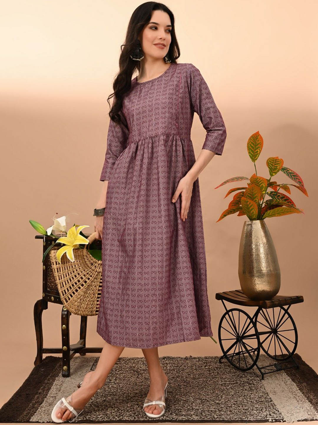 

Kairab Women Ethnic Motifs Printed Flared Sleeves Sequinned Kurta, Brown
