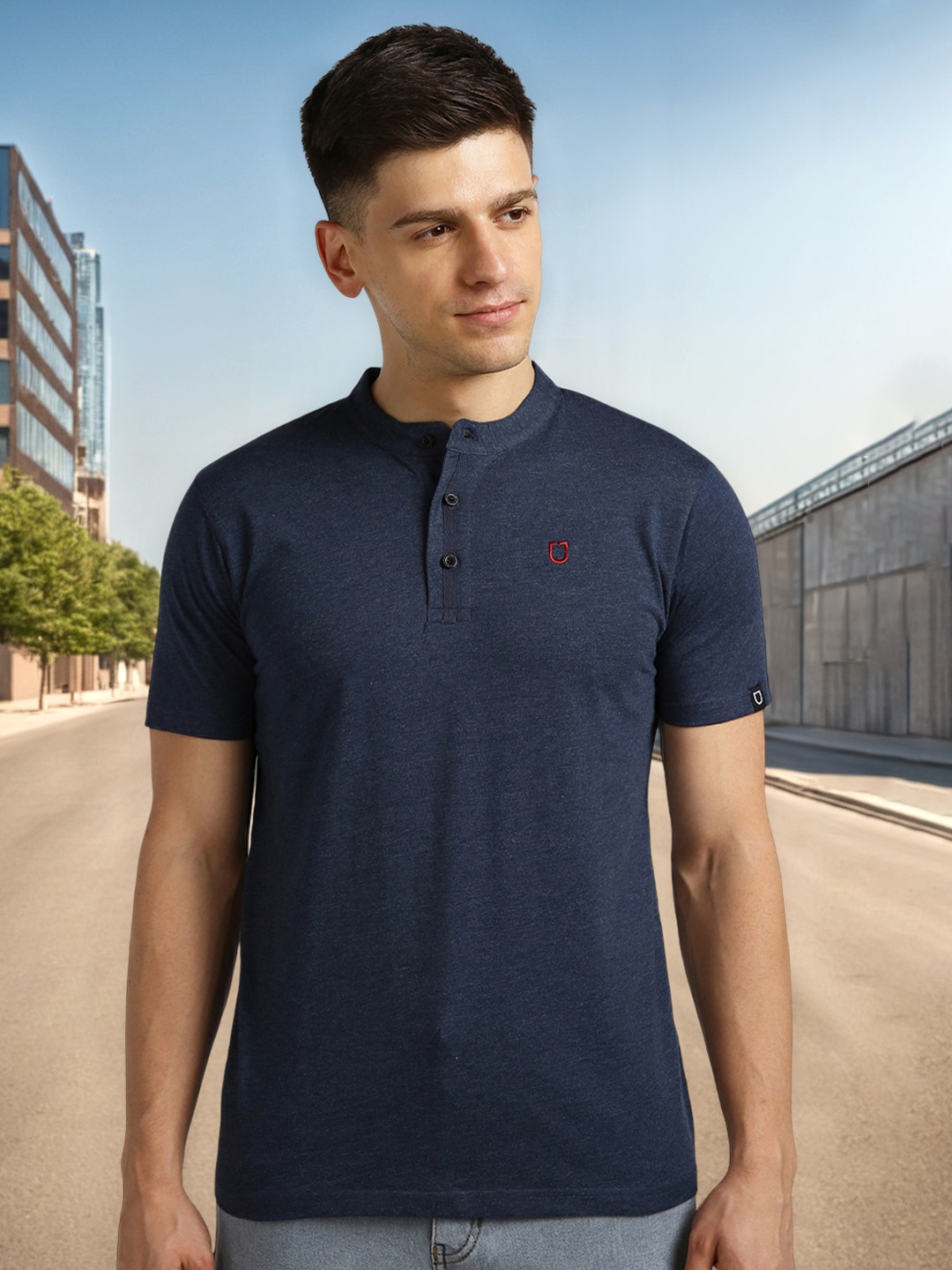 

Urbano Fashion Mandarin Collar Cotton T-shirt, Navy blue