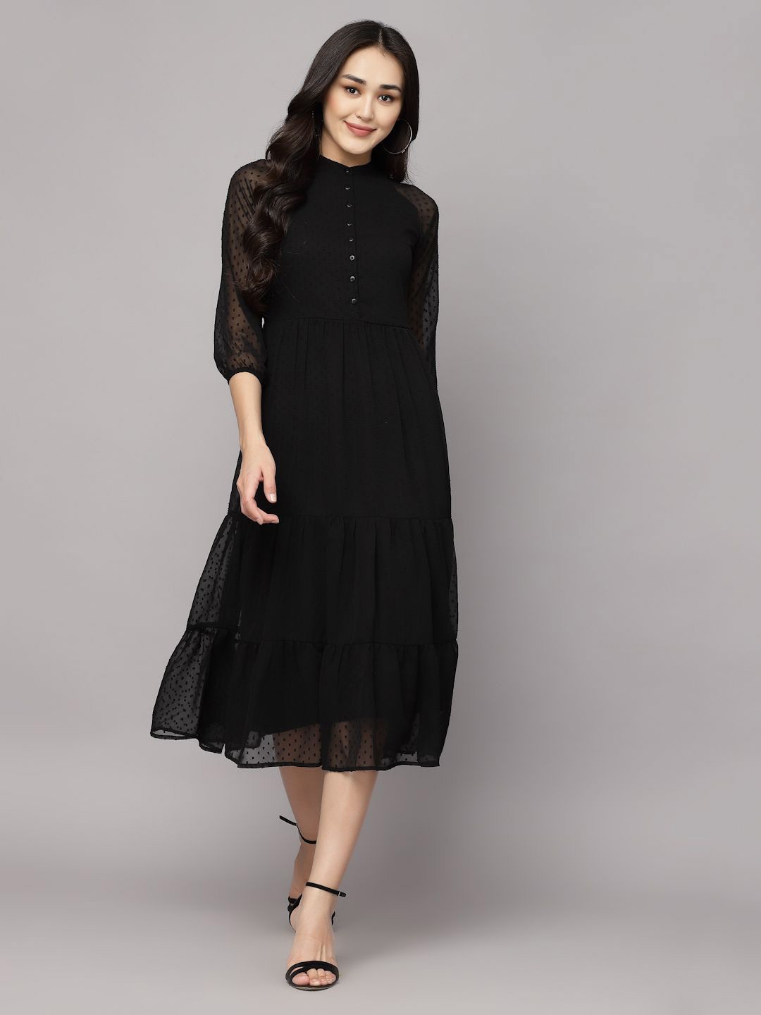 

BAESD Women Self Design Fit & Flare Midi Dress, Black