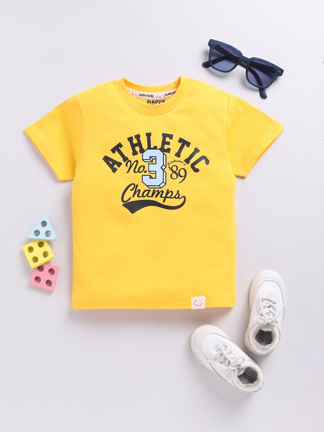 

Happy Faces Boys Pure Cotton Typography Printed T-shirt, Yellow