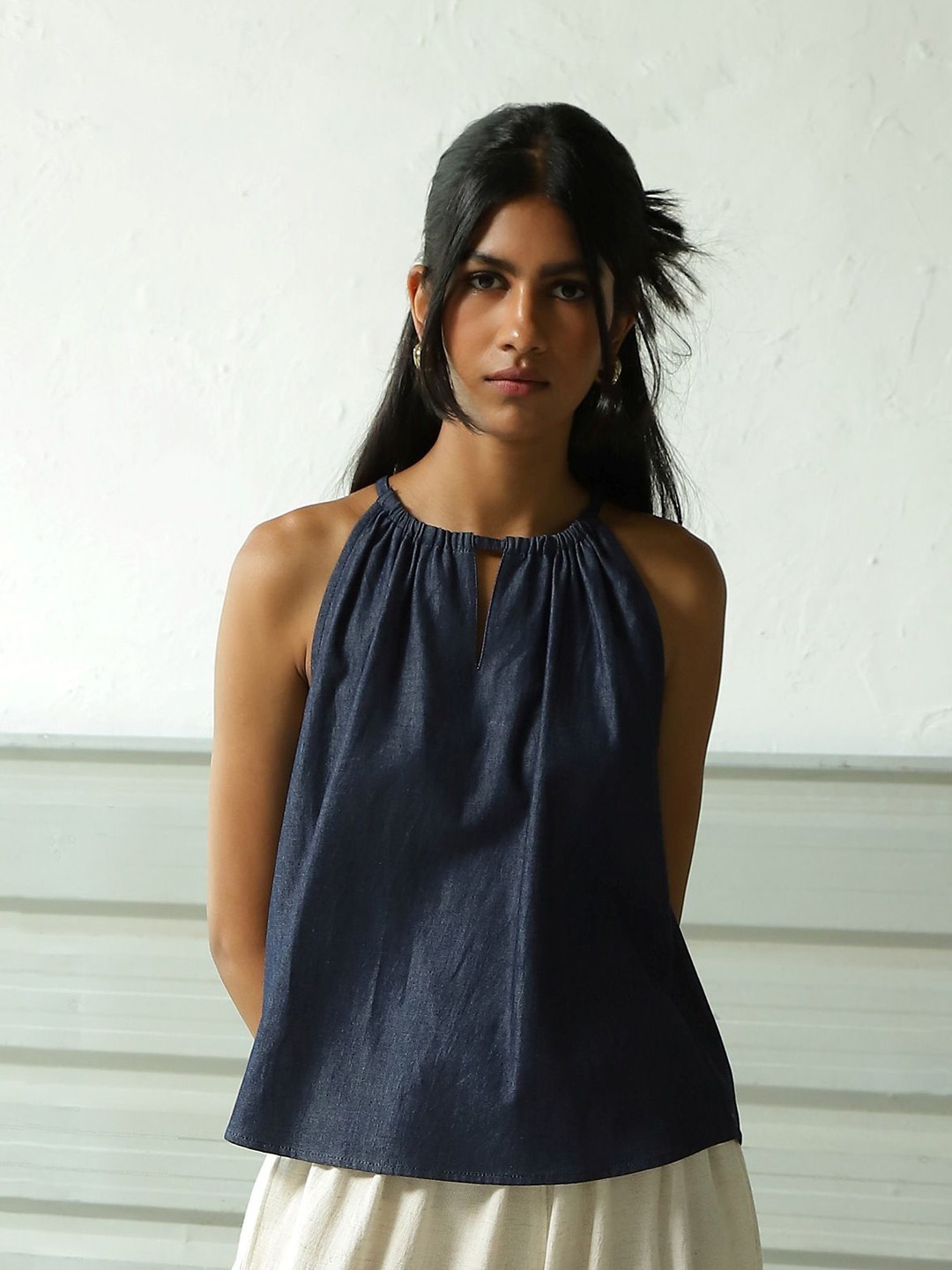 

Canoopi Women Halter Neck Cotton Denim Top, Navy blue
