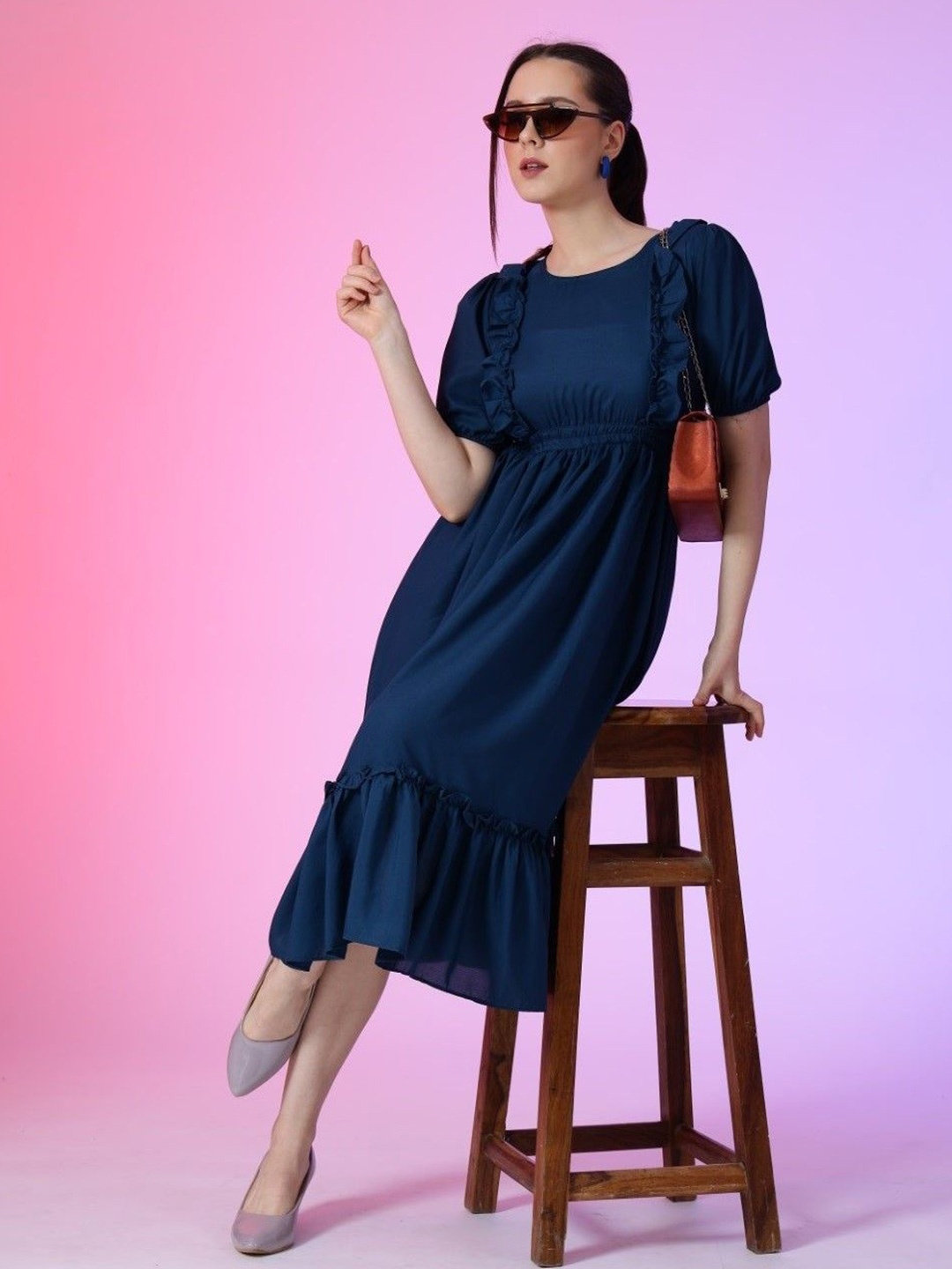 

Krunal Raiyani Crepe Ruffles Puff Sleeves Fit & Flare Midi Dress, Blue