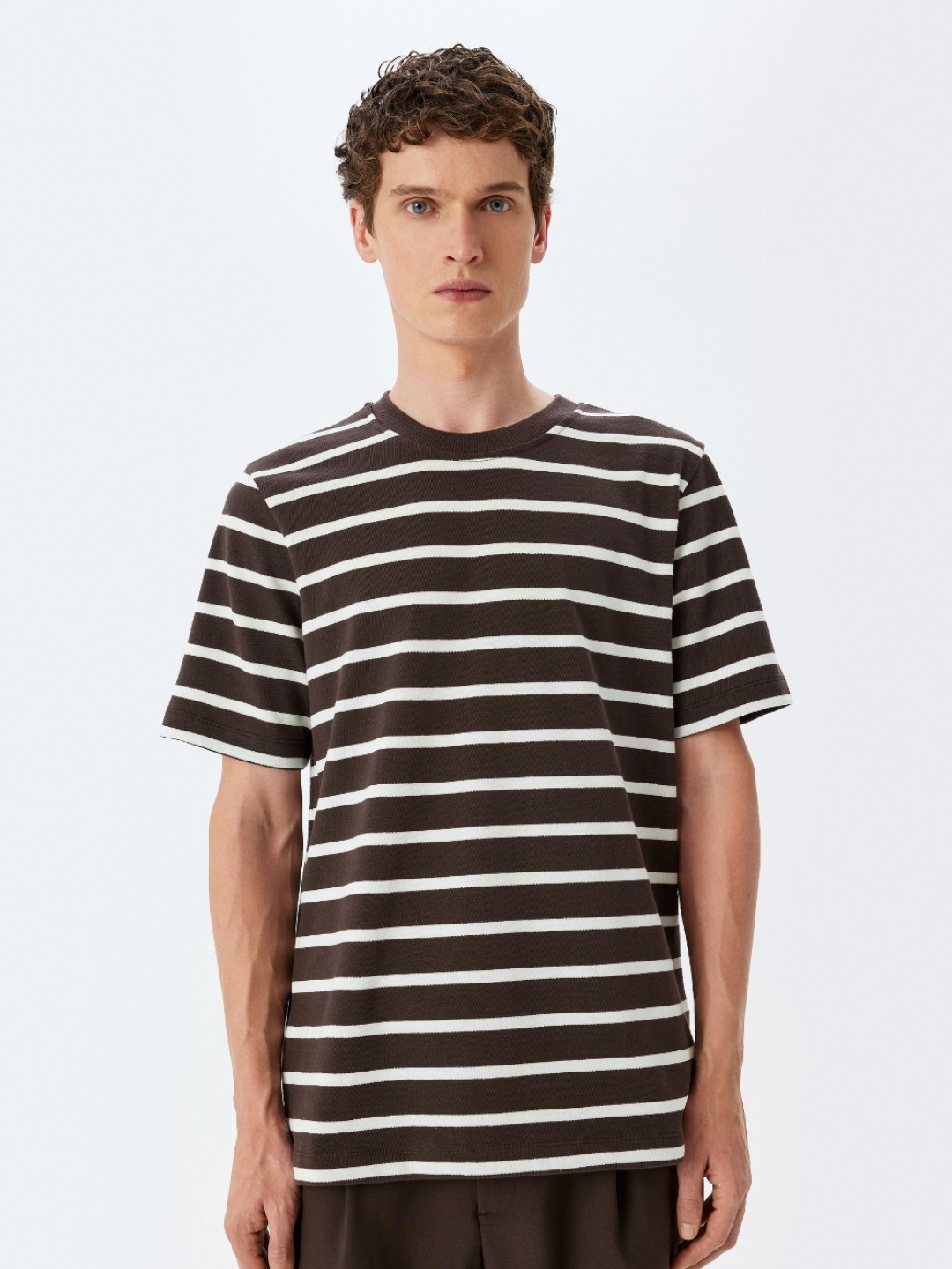 

Koton Men Striped Round Neck Cotton T-shirt, Brown