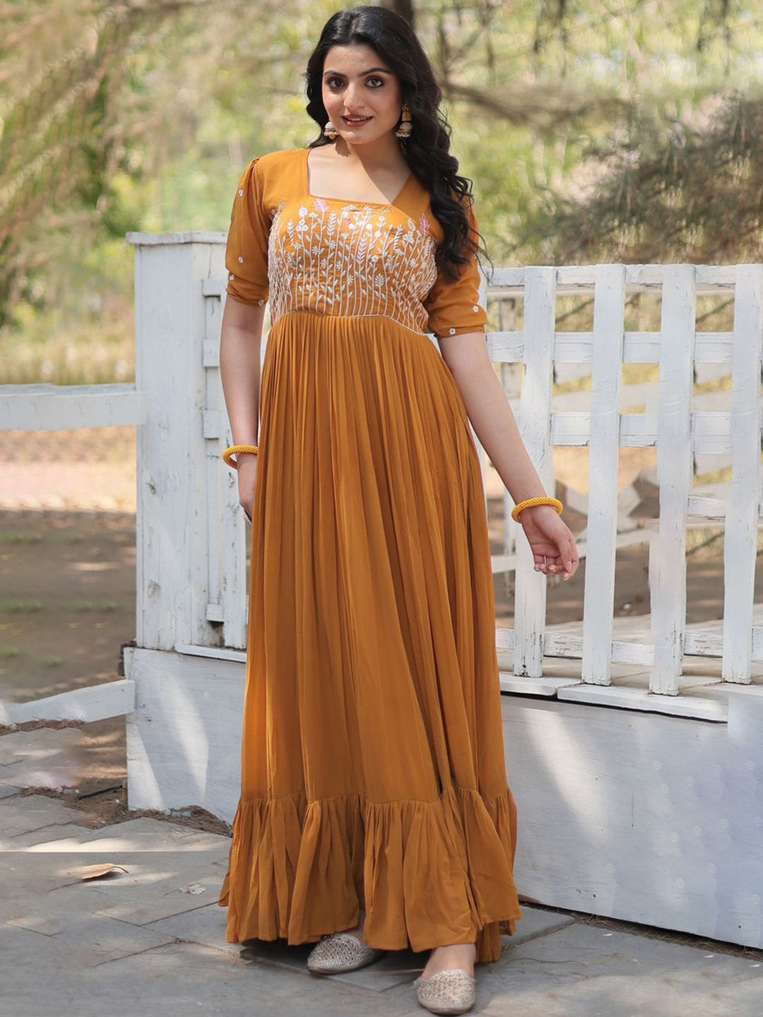 

Fashionuma Women Embroidered Square Neck Maxi Ethnic Dresses, Mustard